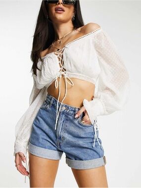 ASOS White Off-Shoulder Lace-Up Crop Top